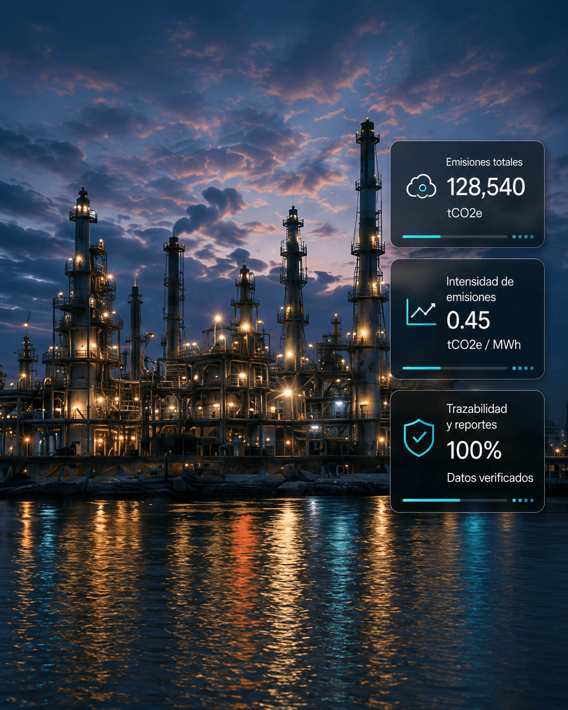 Refinería industrial de noche con indicadores de emisiones verificadas