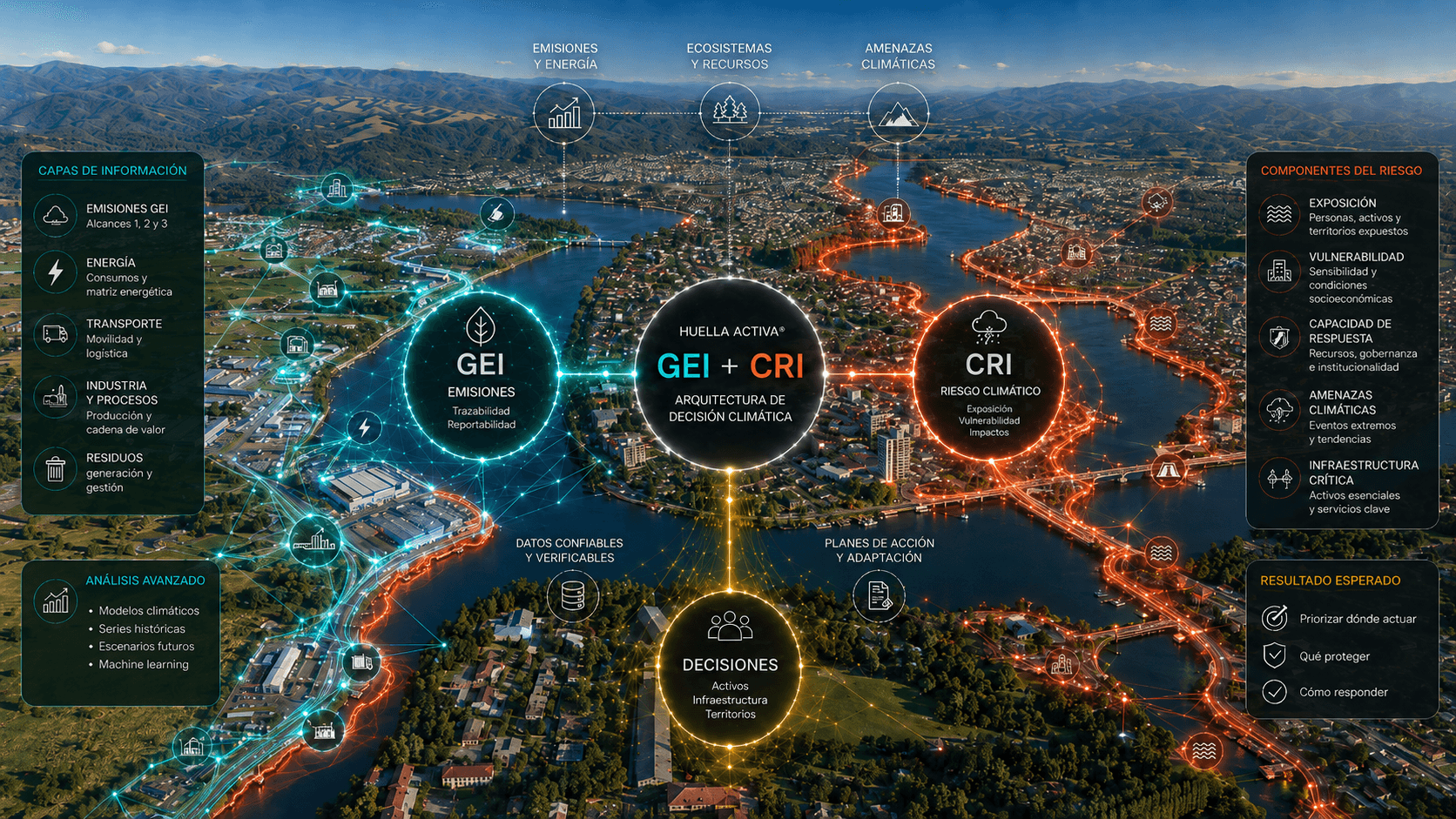 Arquitectura de decisión climática de Huella Activa: GEI (emisiones) + CRI (riesgo climático) convergen en decisiones sobre activos, infraestructura y territorios