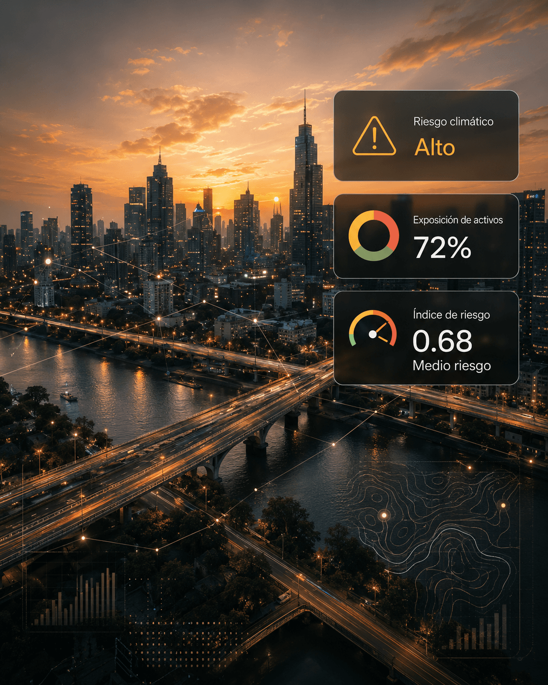 Ciudad al atardecer con indicadores de riesgo climático y exposición de activos