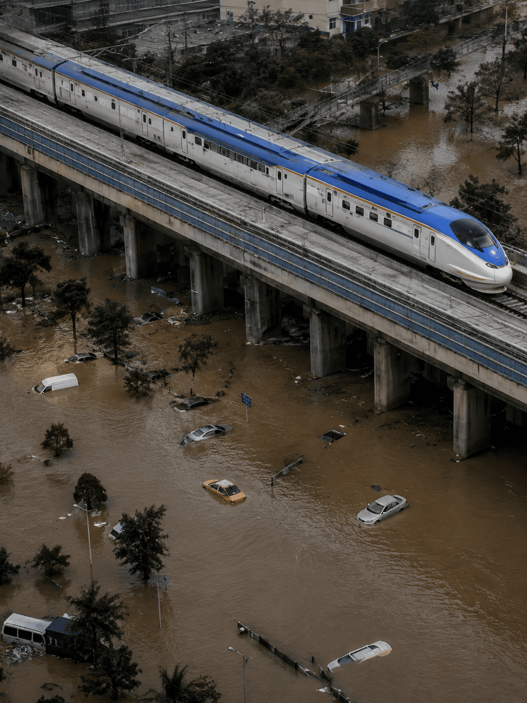 Tren de alta velocidad sobre una zona inundada por el tifón Hagibis
